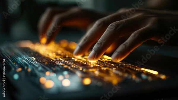 Fototapeta Hands typing on glowing keyboard, abstract lines of light, connection, technology, futuristic interface, dark backdrop