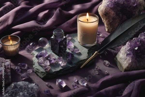 Fototapeta Magical crystal arrangement on purple fabric with candles and quill in serene setting for meditation or ritual