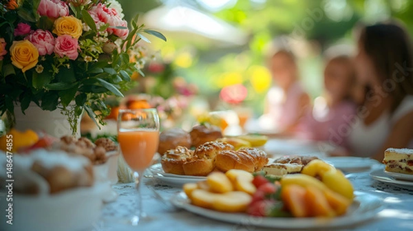 Obraz A family enjoying a garden brunch with a table set with fresh fruit, pastries, and a floral centerpiece
