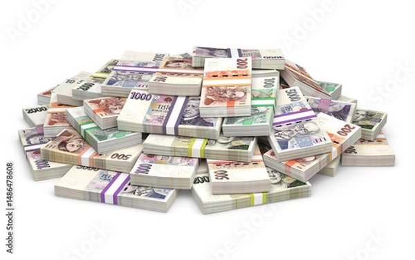 Fototapeta A large pile of Czech Koruna banknotes in different denominations.