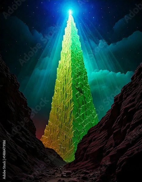 Fototapeta futuristic tower, translucent structure, spire architecture, digital landscape, mountain scenery, surreal architecture, sci-fi design, geometric construction, tall monument, conceptual art, abstract b