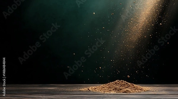Fototapeta Brown and Gold Dust Particles Floating in a Light Beam Against a Dark Green Background