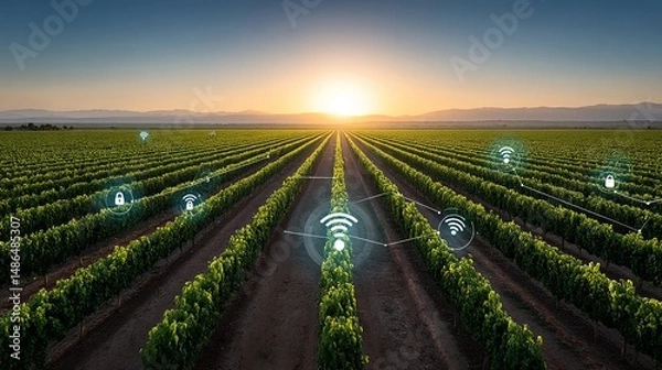 Fototapeta Smart Agriculture: Technology in Vineyards - Sunrise over a technologically advanced vineyard. Wireless icons represent smart farming technology improving efficiency and yield