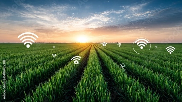 Fototapeta Smart Farming Technology at Sunset - Green field at sunset with overlaid wifi icons symbolizing smart agriculture and technology in farming