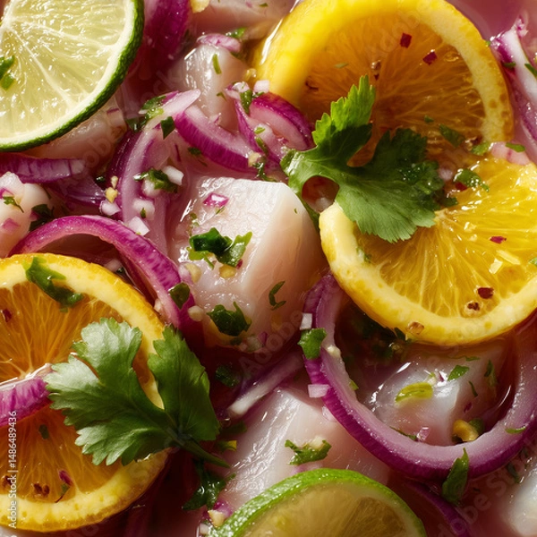 Fototapeta Close-up of Peruvian ceviche with citrus, red onion, and cilantro