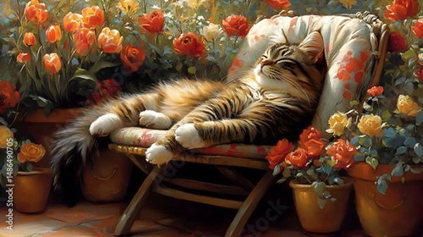 Obraz A fluffy cat lying on a garden chair surrounded by pots of tulips and roses