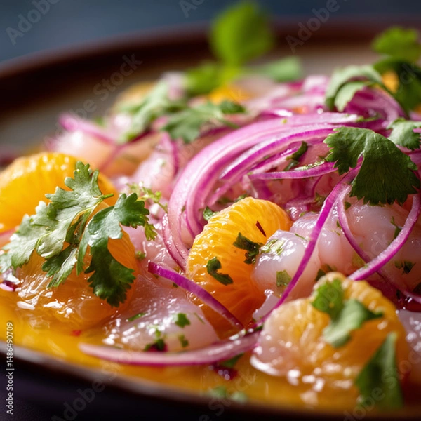 Fototapeta Close-up of Peruvian ceviche with citrus, red onion, and cilantro