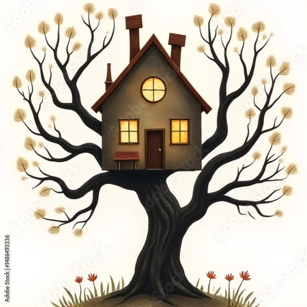 Fototapeta Cubism illustration of a magical treehouse with fragmented branches