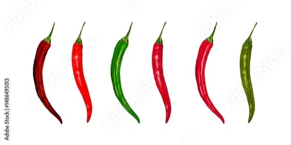Fototapeta Set isolated red green hot chilli peppers isolated on white background. Watercolor style illustration, minimalistic design.	