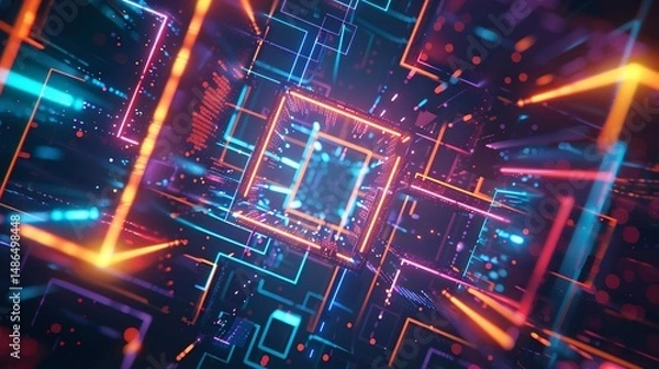 Obraz A futuristic cityscape at night, bathed in neon lights, showcases a complex network of geometric shapes and structures, highlighting the beauty and complexity of urban environments.