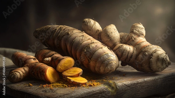 Fototapeta fresh ginger and turmeric roots