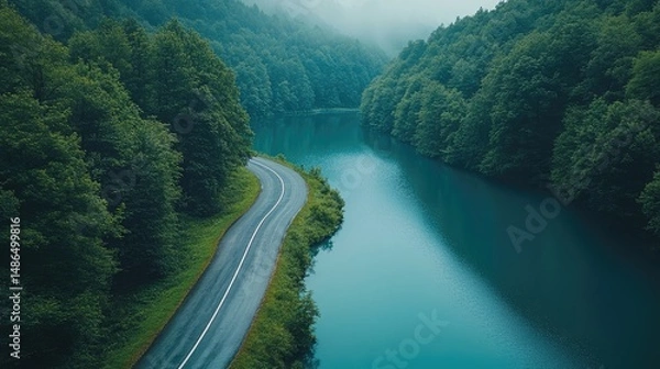 Fototapeta Elevated view of a winding road next to a tranquil lake nestled in a lush forest.