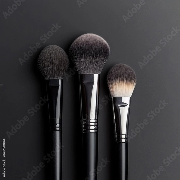 Fototapeta Elegant layout of artistic makeup brushes in gray tones arranged with negative space for creative text placement