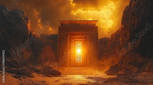 Fototapeta Mountaintop temple Sun shining through a carved solar window at solstice golden hour landscape shot 35mm lens