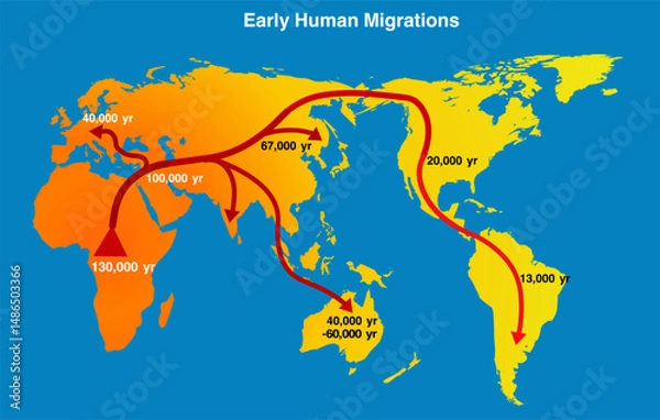 Obraz Timeline of first human migration, world map. Journey of human beings from Africa to Asia, Europe, America and Australia. Vector illustration
