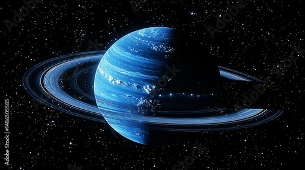 Fototapeta Night side render of Neptune starlight glinting on storm tops and rings Neptune in Starlight Dark hemisphere lighting Digital render Digital art