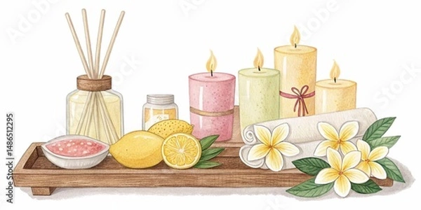Fototapeta Wooden bathroom shelf with burning aroma candles,yellow citruses,aroma diffusers, natural soup and tropical flowers;white isolated background; watercolor style illustration