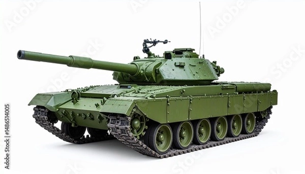 Fototapeta Side View Mockup of a Military Tank in Dark Green on White Background