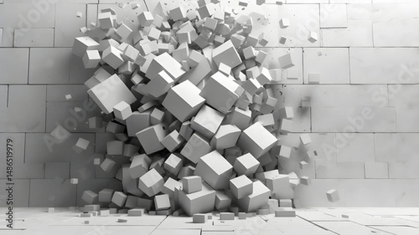 Fototapeta Abstract white brick wall exploding with three dimensional cubes and geometric shapes