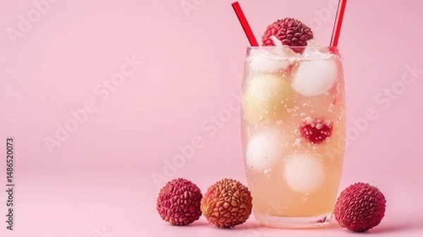 Fototapeta Refreshing Lychee Iced Drink with Pink Background