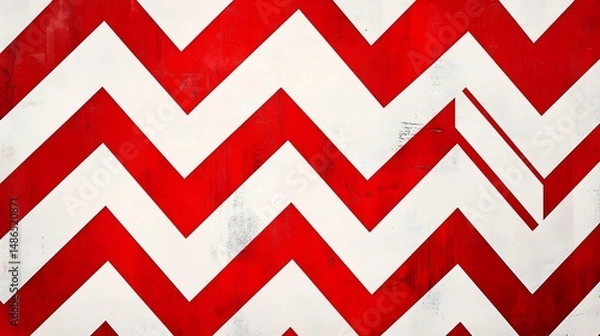 Fototapeta Vibrant red and white chevron stripes combined with bold geometric shapes, creating a visually striking pattern.
