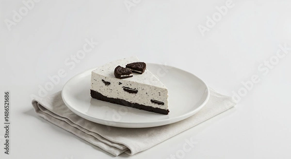 Obraz Slice of cookies and cream cheesecake on white plate with copy space with copy space