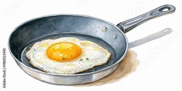 Fototapeta Fried egg in a frying pan, watercolor clipart illustration with isolated background.