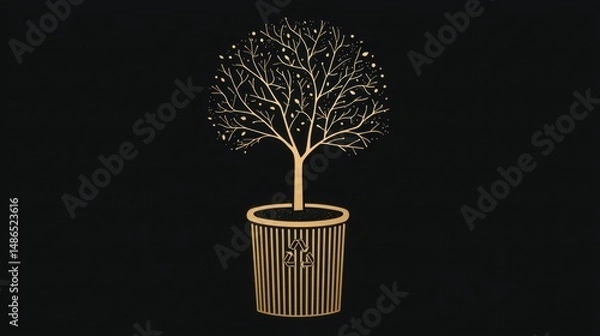 Fototapeta Decorative golden tree in a pot against a black background creating an elegant artistic display