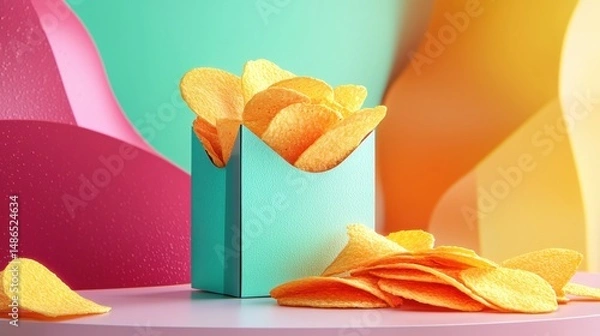 Fototapeta Crispy potato chips piled around a blue container in a colorful setting with vibrant background shapes