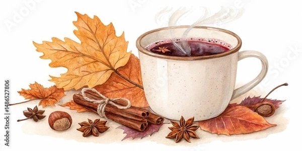Fototapeta Autumn, mulled wine, watercolor clipart illustration with isolated background.