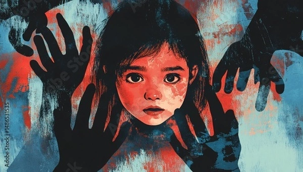 Fototapeta Child Fearful Surrounding Hands.