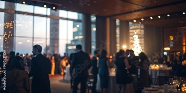 Fototapeta Elegant Evening Reception in Modern City Venue with Blurred Guests and City Lights