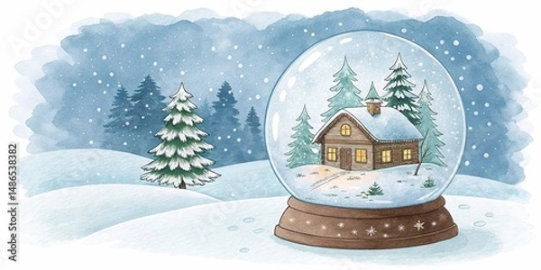 Fototapeta Snow globe with winter landscape inside, watercolor clipart illustration with isolated background.