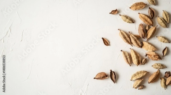 Fototapeta Dried Flower Seeds Scattered on White Textured Background