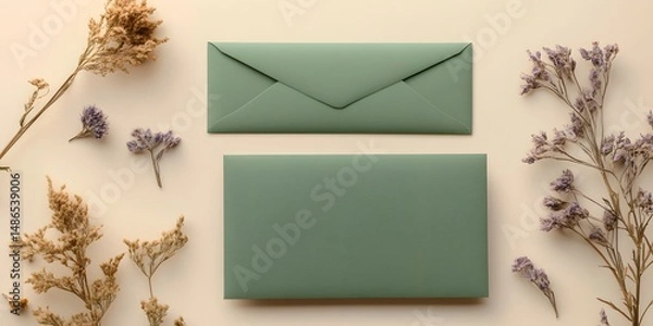 Fototapeta Sage Green Envelopes Mockup with Dried Flowers Flatlay