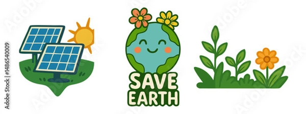 Fototapeta Save Earth PNG Icon Set – Smiling Planet with Flowers, Solar Panel with Sun, and Green Plants on Transparent Background