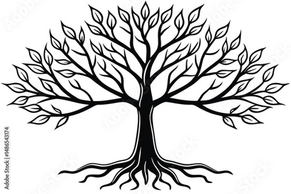 Obraz Black Silhouette of a Spreading Tree with Leaves and Visible Roots System Design