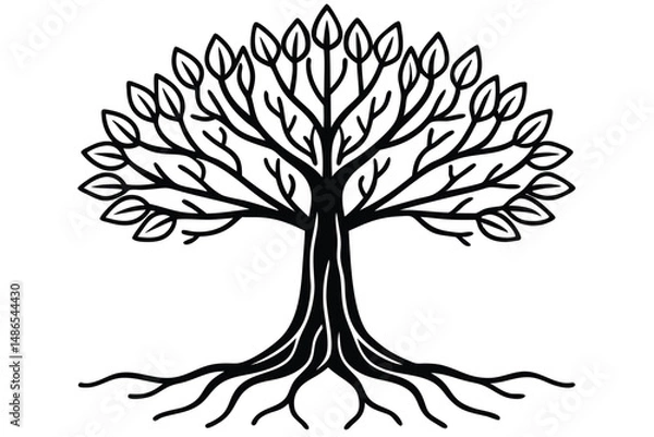 Obraz Stylized Tree Silhouette with Leaves and Roots Illustration, Representing Nature and Growth