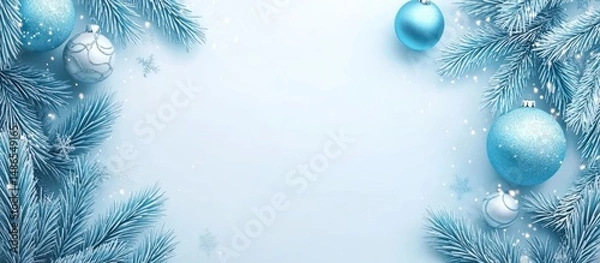 Fototapeta Blue Christmas background features a decorated Christmas tree with branches, evoking a cold winter holiday season with snowflakes and festive design