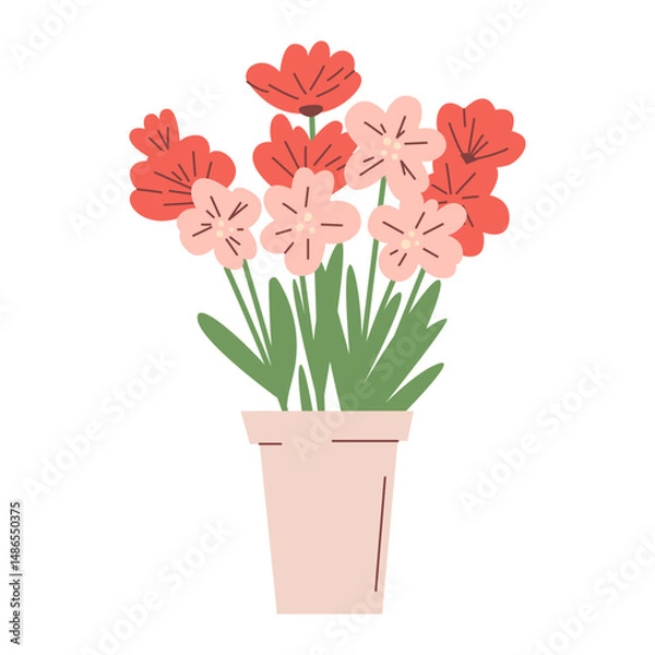 Fototapeta Cute potted red and pink flowers, vector hand drawn flat illustration. Simple design. Perfect for decoration, cards, prints, sticker. Cheerful botanical element in a stylish pot.