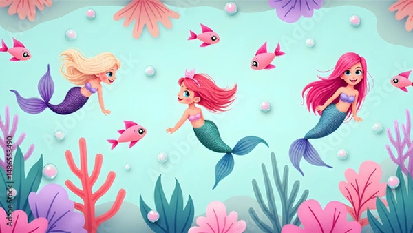 Fototapeta Playful mermaids with glittering tails in a colorful ocean, magical kids' pattern, serene and HD.