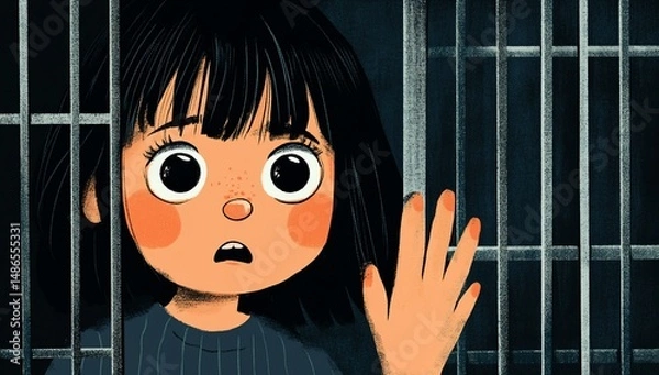 Obraz Girl trapped behind bars with worried.