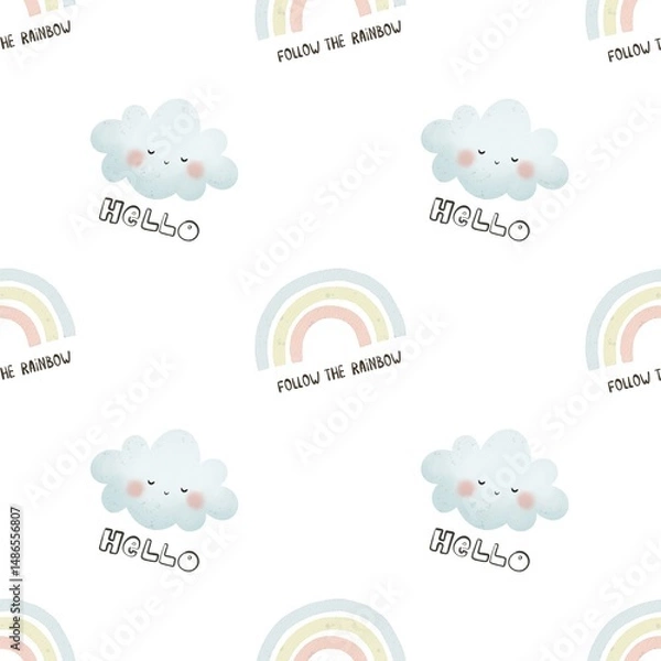 Obraz Seamless pattern with cartoon cloud, rainbow. Colorful illustration for kids. Hand drawing flat style. baby design for print, fabric, wrapper, textile