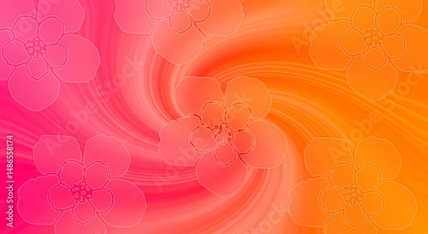 Fototapeta Abstract floral background with swirling gradient of pink and orange hues and flower patterns