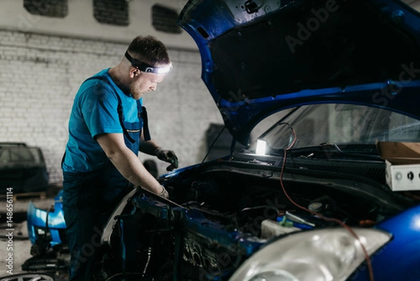 Fototapeta young male auto mechanic repairing car in auto service with open hood
