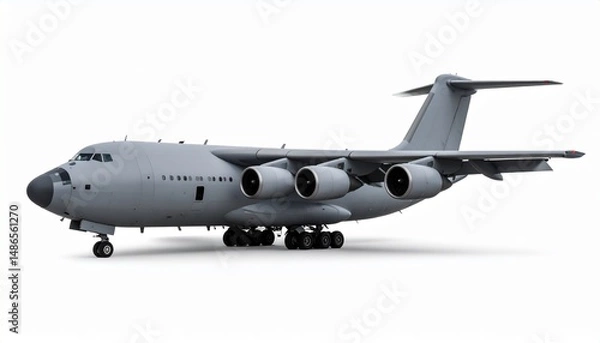 Fototapeta Side View Mockup of a Military Cargo Plane on White Background