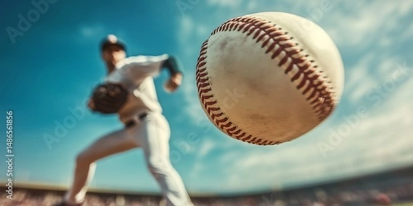 Fototapeta Dynamic action shot of a male baseball player about to pitch under a bright blue sky.