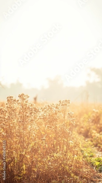 Fototapeta Soft golden sunlight illuminates wild flowers in a serene natural landscape, capturing the essence of tranquility and beauty in nature during autumn