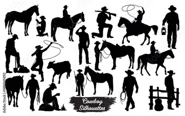Fototapeta Collection of cowboy and western silhouettes including horse rider cattle and various poses isolated on a white background