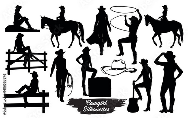 Fototapeta Collection of cowgirl silhouettes in various poses isolated on a white background